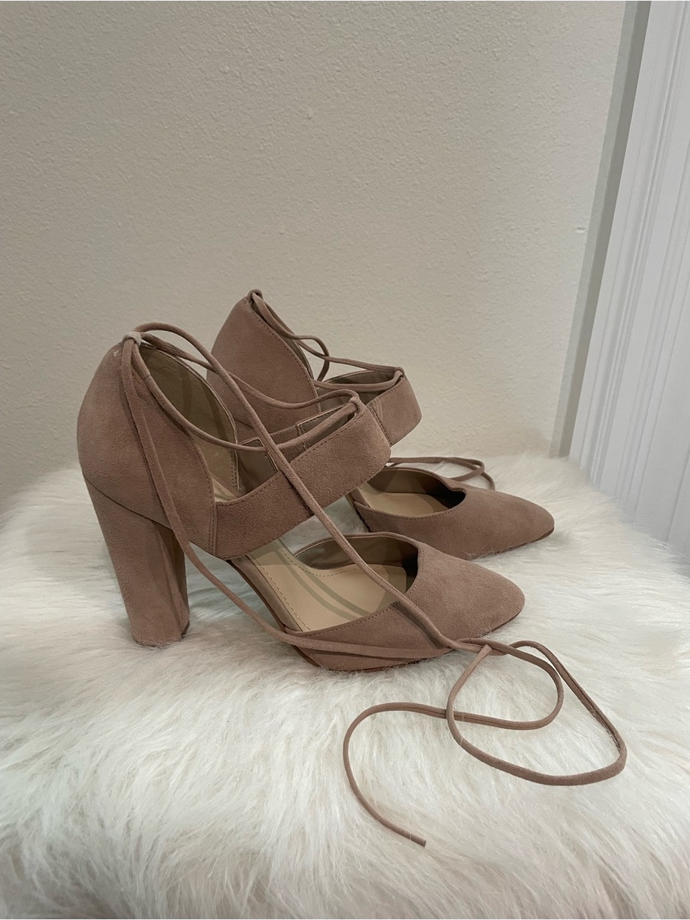 BCBG Suede Lace-Up Block Heel - nude